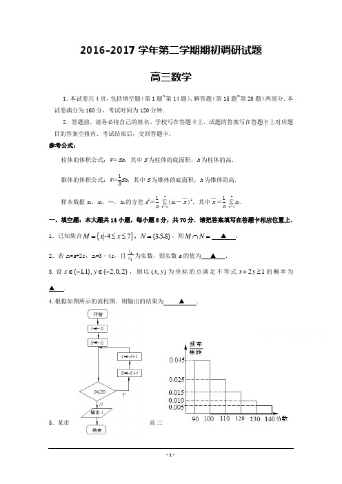 江苏省南京师范大学附属扬子中学2017年高三2月期初调研考试数学试题-Word版含答案