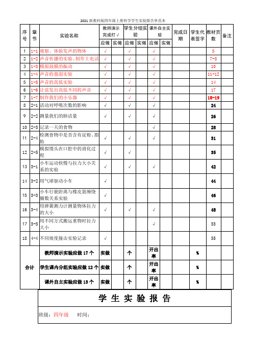 2021新教科版四年级上册科学学生实验报告单范本