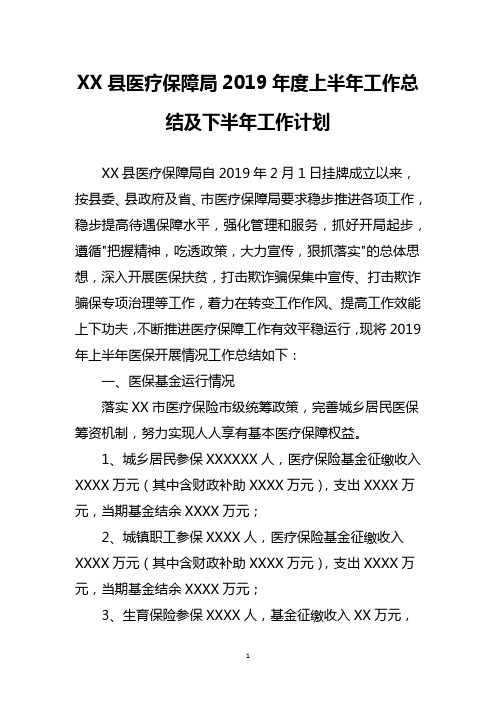 县医疗保障局2019年度上半年工作总结及下半年工作计划