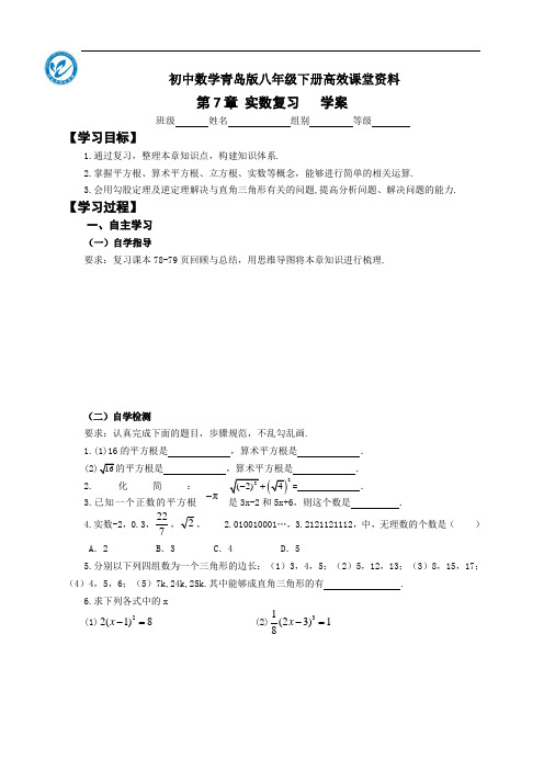 初中数学青岛版八年级下册高效课堂资料第7章复习学案实数