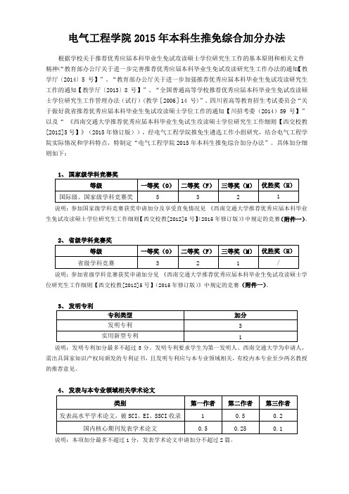 电气工程学院 2015 年本科生推免综合加分办法