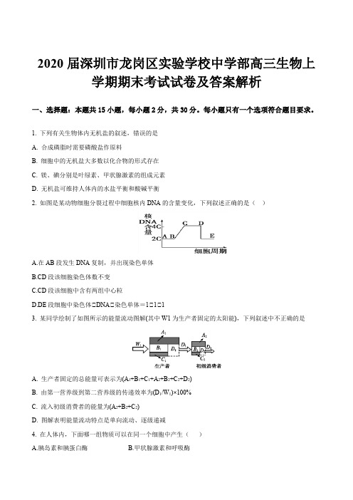 2020届深圳市龙岗区实验学校中学部高三生物上学期期末考试试卷及答案解析