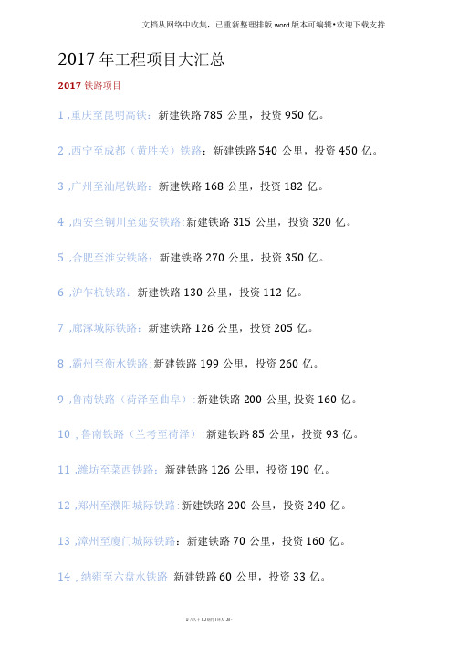 2020年全国重大工程项目大汇总