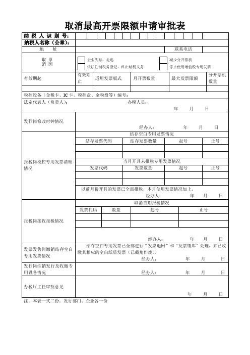 取消最高开票限额申请审批表