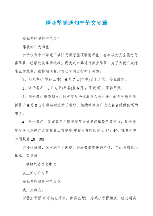 停业整顿通知书范文多篇