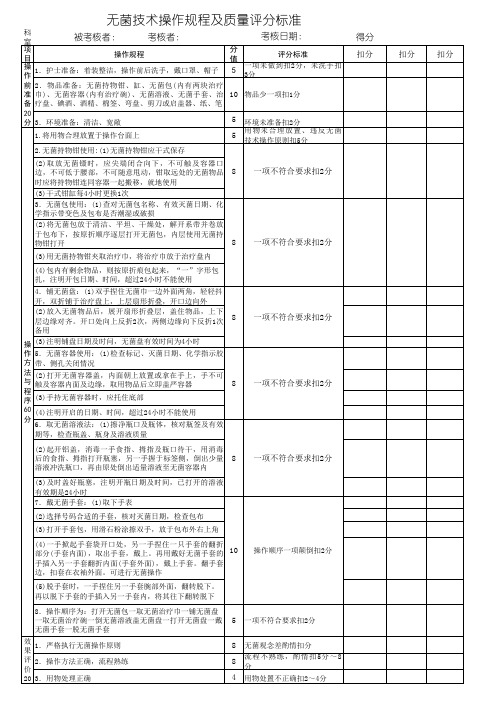 无菌技术操作规程操作评分表