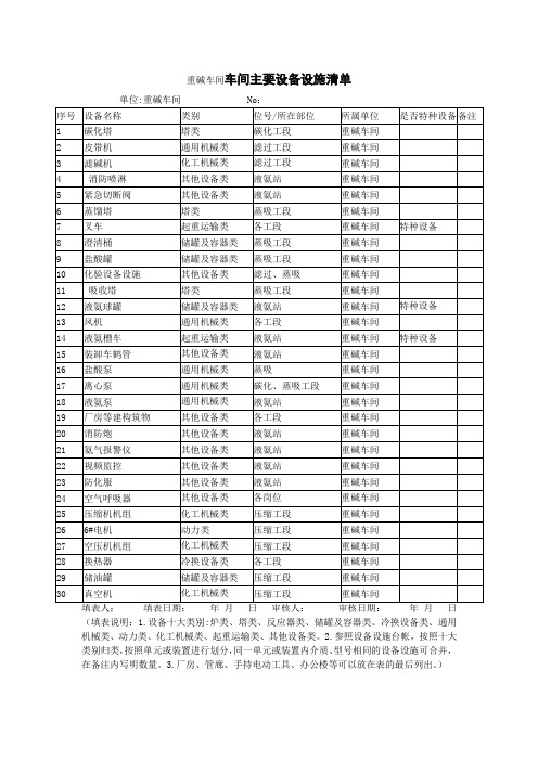 重碱车间车间主要设备设施清单