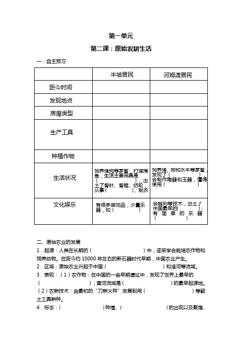 七年级上册历史导学案《第二课原始农耕生活》