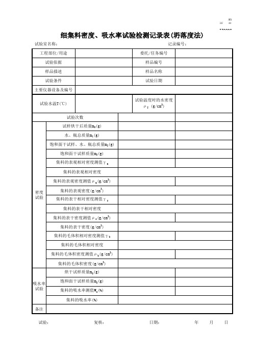 细集料密度、吸水率试验检测记录表(坍落度法)