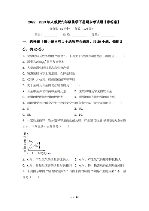 2022—2023年人教版九年级化学下册期末考试题【带答案】