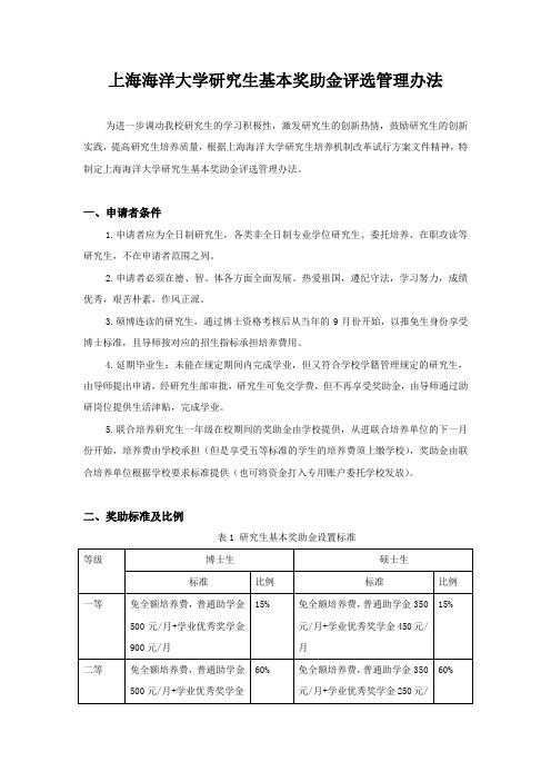 上海海洋大学研究生基本奖助金评选管理办法