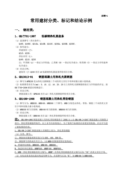 常用建材分类、标记和结论示例 (页码左)