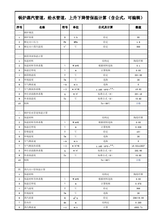 锅炉蒸汽管道,给水管道,上升下降管保温计算(含公式,可编辑)