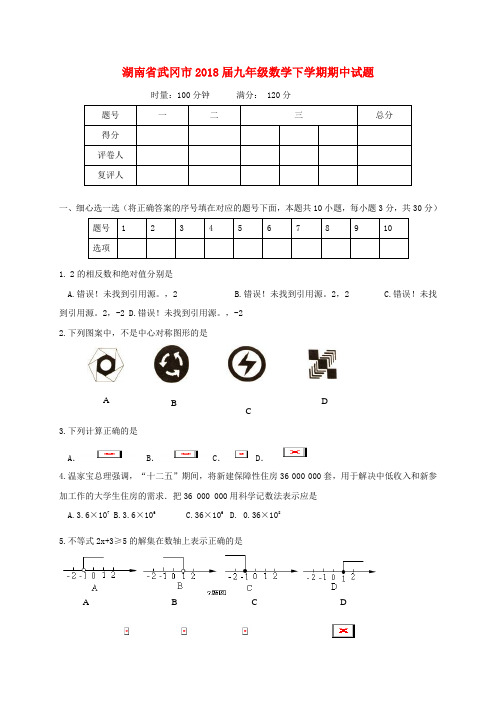 2018届九年级数学下学期期中试题