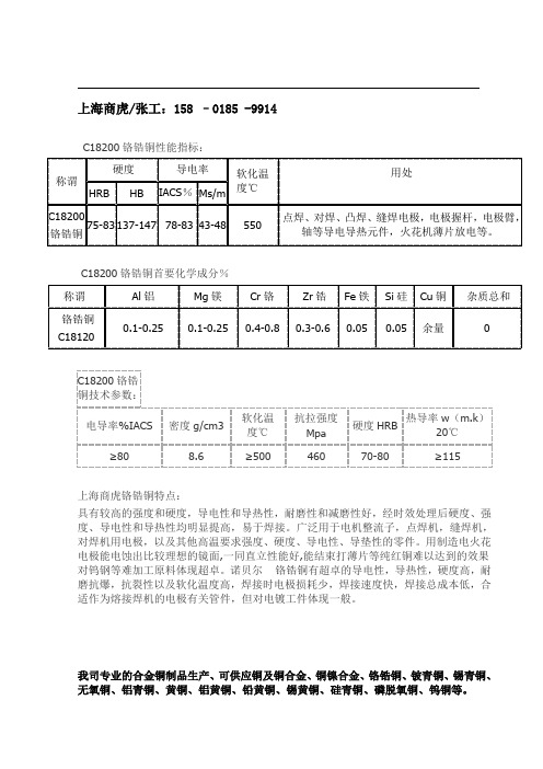 C18200铬锆铜棒 铬锆铜板参数性能