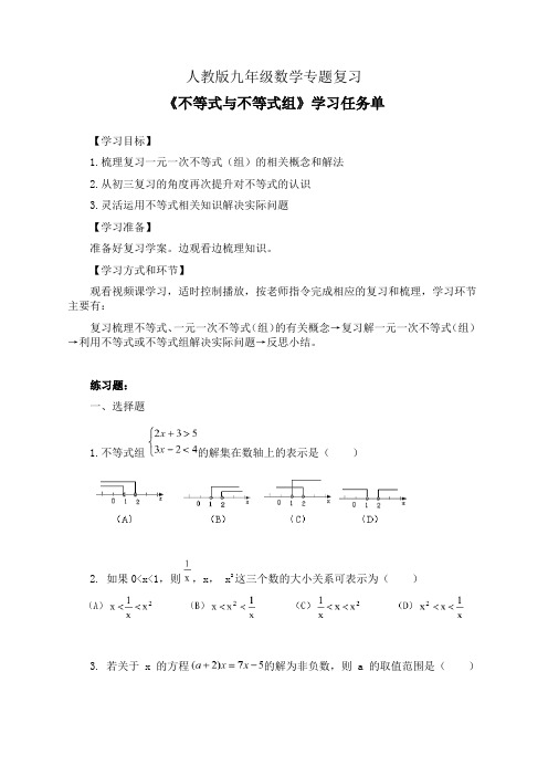 人教版九年级数学专题复习《不等式与不等式组》学习任务单(公开课导学案)及练习