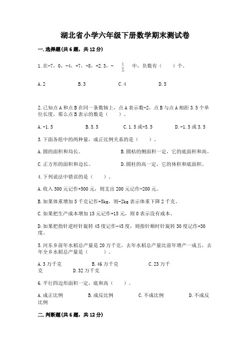 湖北省小学六年级下册数学期末测试卷及答案(精品)