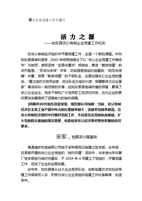 活力之源如东县非公有制企业党建工作纪实非公企业党建工作专题片解说词