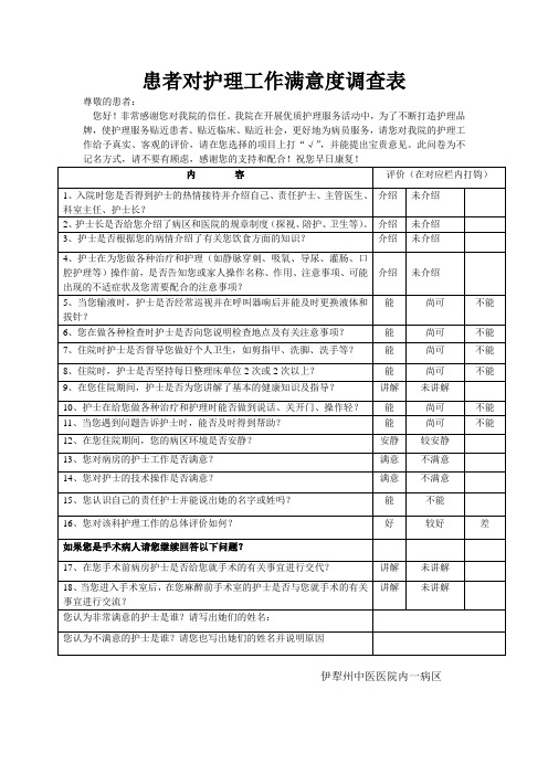 患者对护理工作满意度调查表