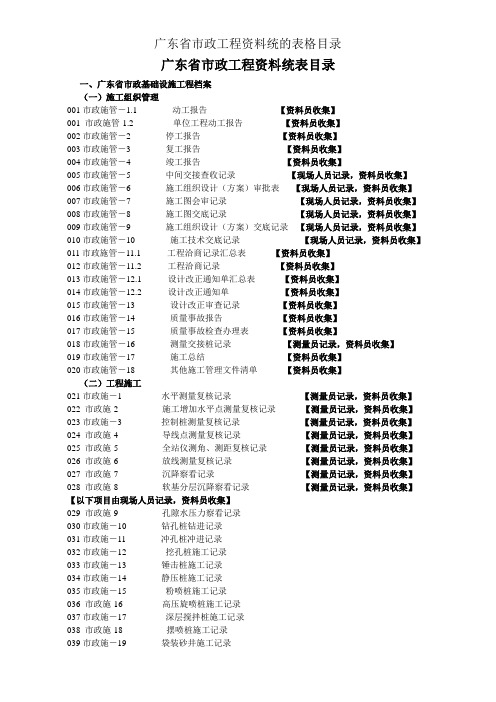 广东省市政工程资料统的表格目录