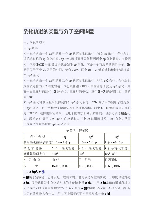 杂化轨道的类型与分子空间构型