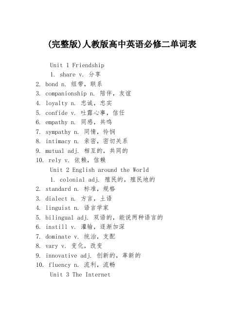 (完整版)人教版高中英语必修二单词表