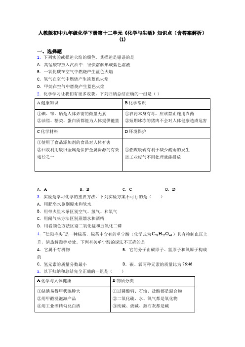 人教版初中九年级化学下册第十二单元《化学与生活》知识点(含答案解析)(1)