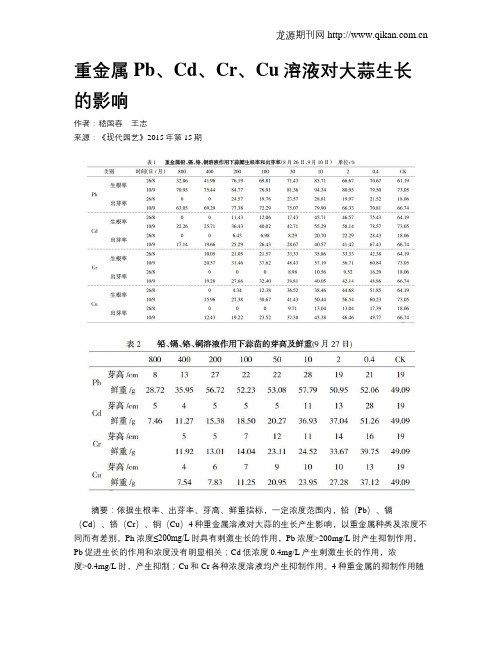 重金属Pb、Cd、Cr、Cu溶液对大蒜生长的影响