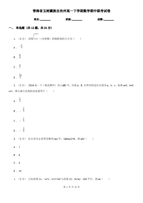 青海省玉树藏族自治州高一下学期数学期中联考试卷