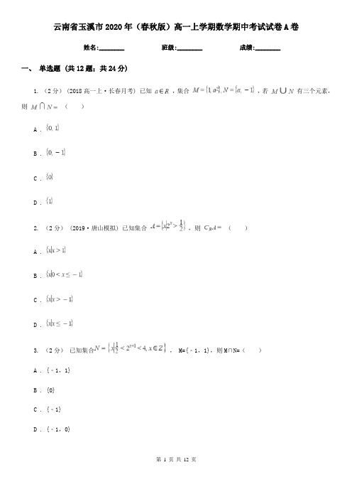 云南省玉溪市2020年(春秋版)高一上学期数学期中考试试卷A卷