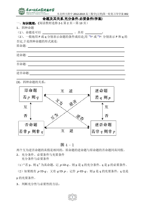 2东北师大附属中学高三第一轮复习导学案--命题及其关系,充分条件,必要条件B