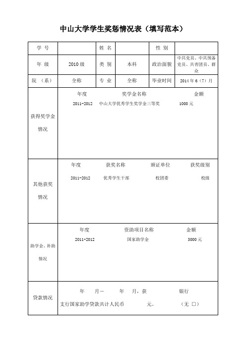 中山大学学生奖惩情况表填写范本