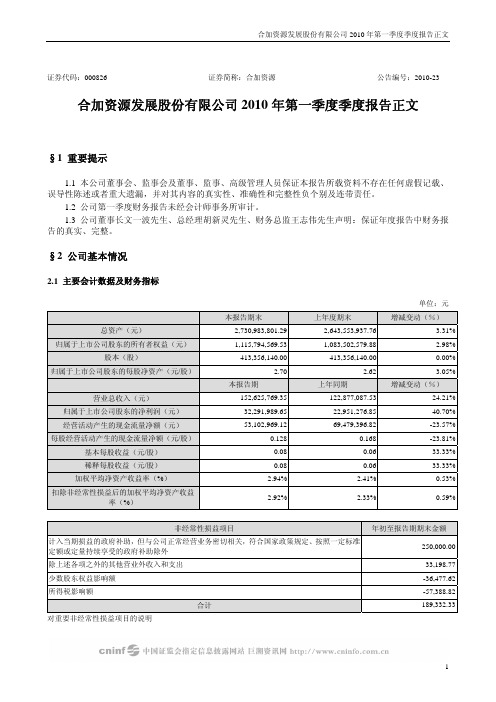 合加资源发展股份有限公司2010年第一季度季度报告正文