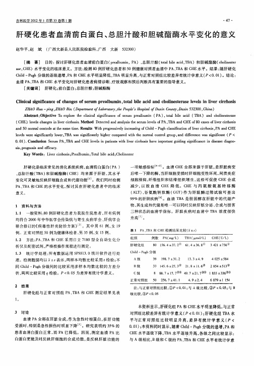 肝硬化患者血清前白蛋白、总胆汁酸和胆碱酯酶水平变化的意义