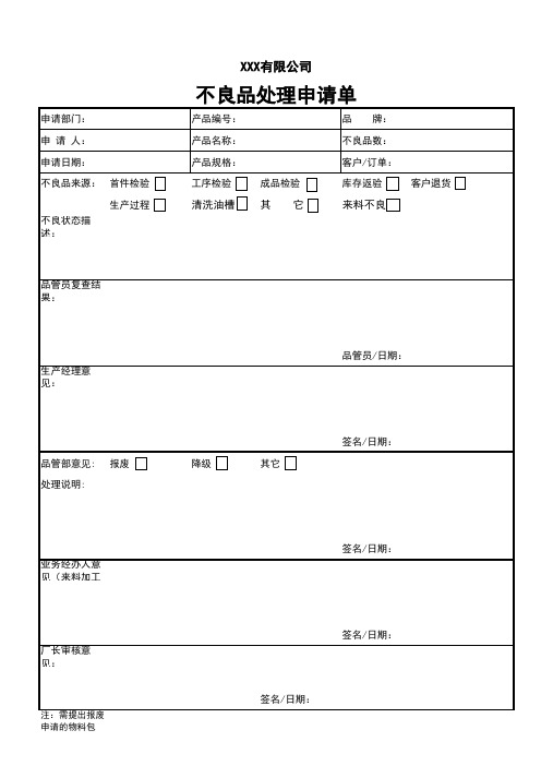 不良品处理申请单(范文模板)