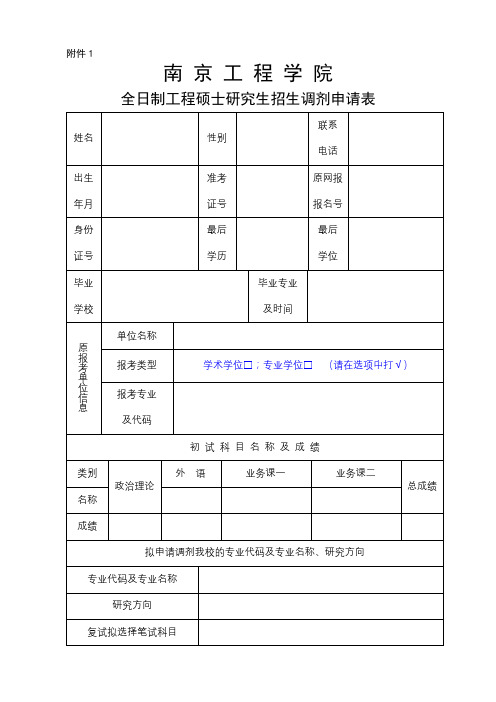 南京工程学院全日制工程硕士研究生招生调剂申请表【模板】