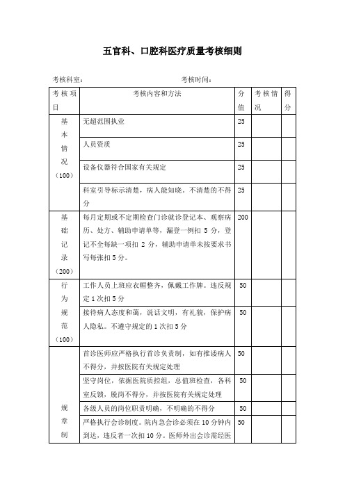 五官科、口腔科医疗质量考核细则