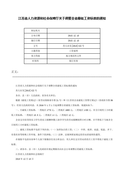 江苏省人力资源和社会保障厅关于调整全省最低工资标准的通知-苏人社发[2015]422号