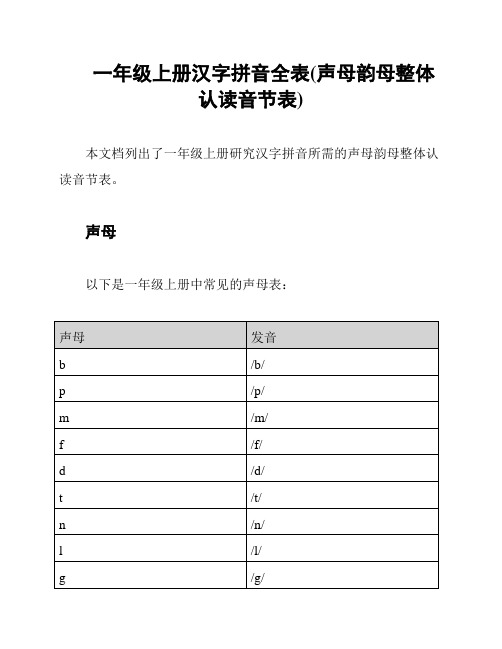 一年级上册汉字拼音全表(声母韵母整体认读音节表)