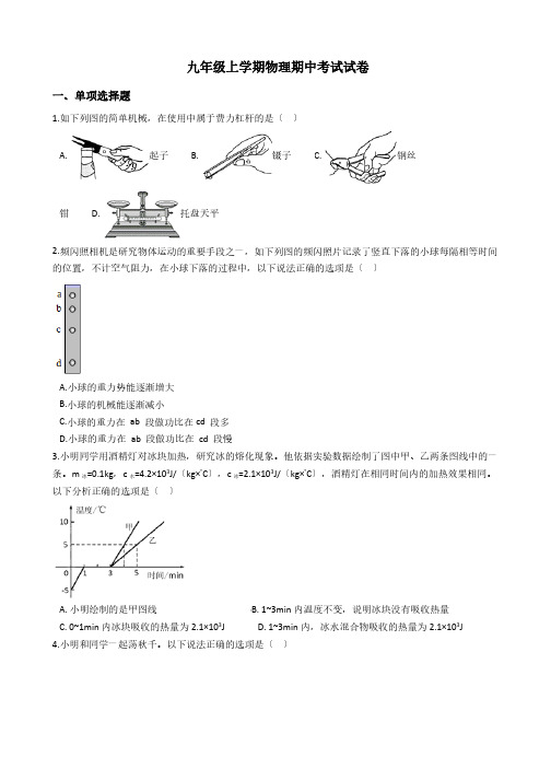 江苏省各地市九年级上学期物理期中考试试卷七套附答案解析