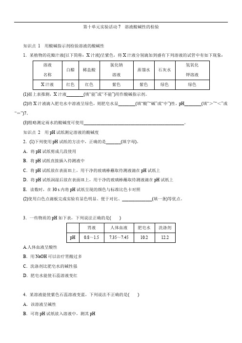 人教版九年级下册 第十单元 实验活动7 溶液酸碱性的检验 同步测试