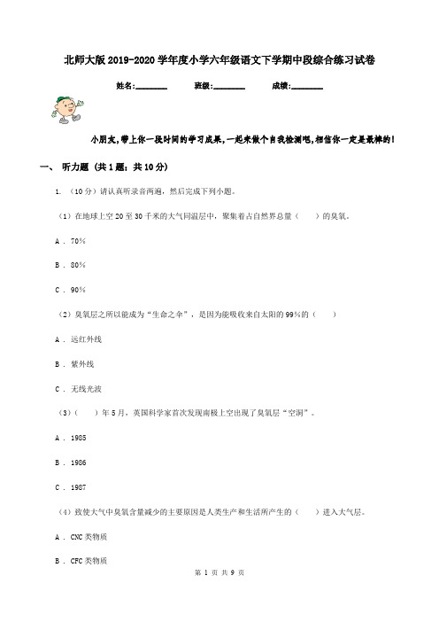 北师大版2019-2020学年度小学六年级语文下学期中段综合练习试卷