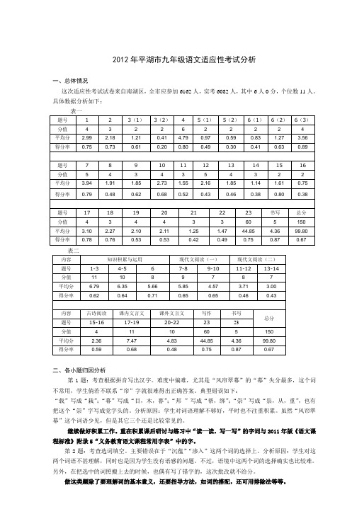 2012年平湖市九年级语文适应性考试分析