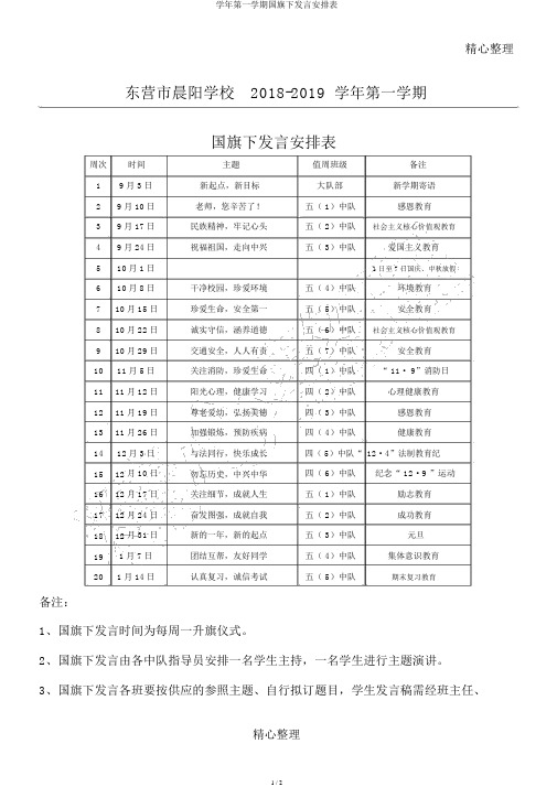 学年第一学期国旗下讲话安排表