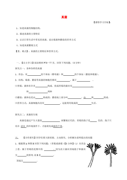 推荐八年级生物上册5-4-3真菌导学案无答案新版新人教版