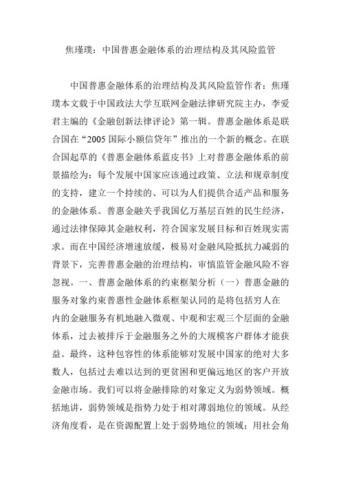 焦瑾璞：中国普惠金融体系的治理结构及其风险监管