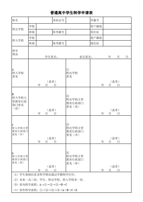 普通高中转学申请表(跨省)