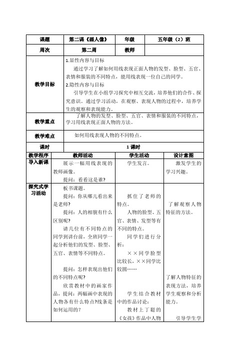 人美版五年级上册美术 画人像教学设计