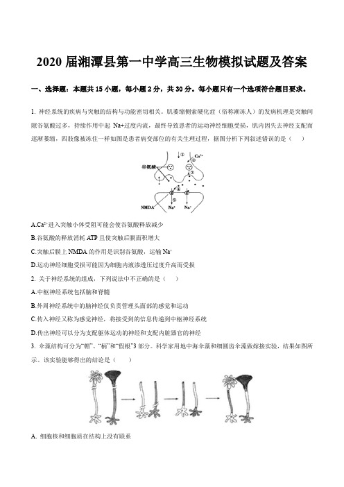 2020届湘潭县第一中学高三生物模拟试题及答案