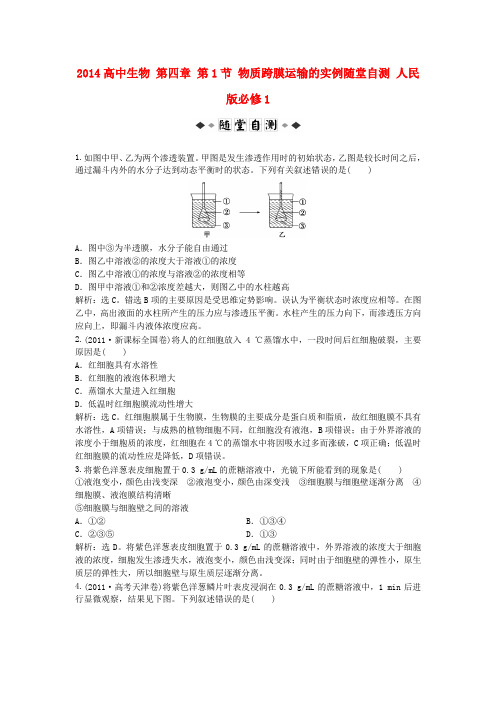 高中生物 第四章 第1节 物质跨膜运输的实例随堂自测 人民版必修1